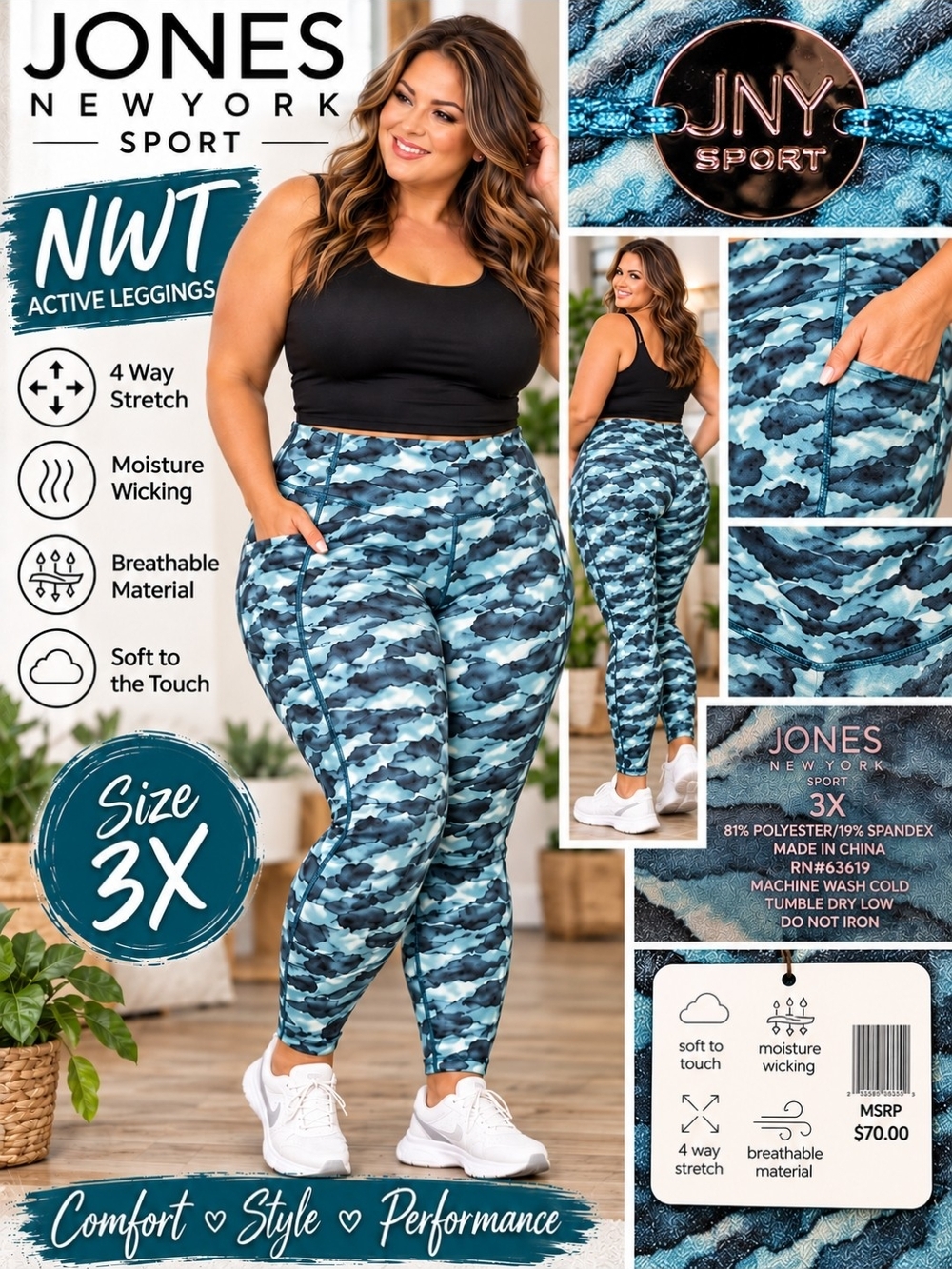 Jones New York Blue & Black Camo Plus-Size Active Leggings